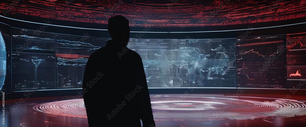 Poster a silhouette of a person standing in front of a giant digital screen with a flow of data showing var