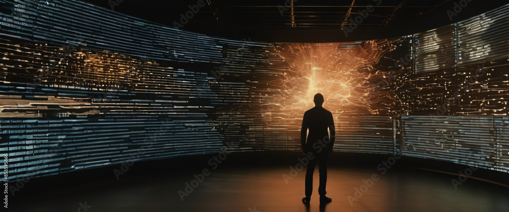 Aufkleber a silhouette of a person standing in front of a giant digital screen with a flow of data showing var