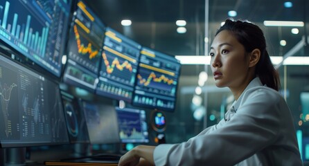 Woman sitting at a computer. IT engineer is working on an advanced AI system in the control room of her company, while watching real-time data curves displayed on large screens in front of her.