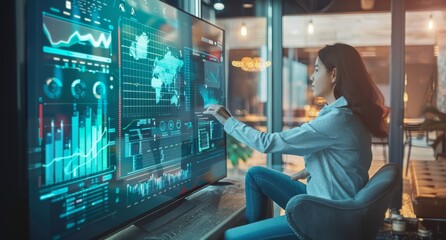 Woman sitting at a computer. IT engineer is working on an advanced AI system in the control room of her company, while watching real-time data curves displayed on large screens in front of her.