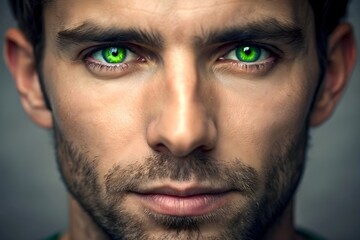 A Handsome Man With Green Eyes Stares At The Camera With An Intense Expression.