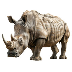 Fototapeta premium White rhinoceros standing with horn forward on transparent background clipart