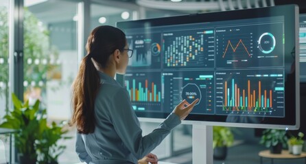 Woman sitting at a computer. IT engineer is working on an advanced AI system in the control room of her company, while watching real-time data curves displayed on large screens in front of her.