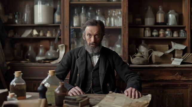 old time historical era, alchemist man serious face sitting at table with substance bottles and paper