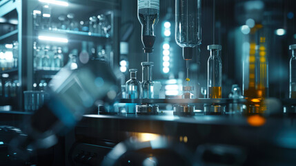 Production of steroids and doping. A medical laboratory with lots of bottles and a machine with a needle. The scene is scientific and industrial. The concept of finding a vaccine