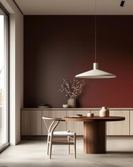 Minimalist dining room with wooden table, chairs, and cabinets against a burgundy wall.