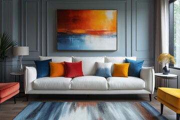 cheerful and happy mood living room idea of home decor design with colorful abstract painting art wall hanging picture, mockup idea