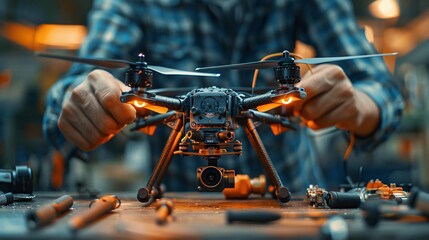 Technician Assembling High-Tech Drone in Workshop