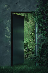 A simple door set in a minimalist, monochromatic wall, opening to reveal a vibrant, lush nature scene.  TIdea of escaping to tranquillity 