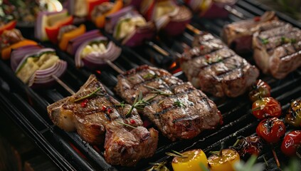 A close up of a grill with meat and vegetables on it