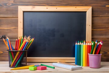 Fototapeta premium Back To School. Blackboard With Colorful Pencils And Other Supplies On Wooden Background.