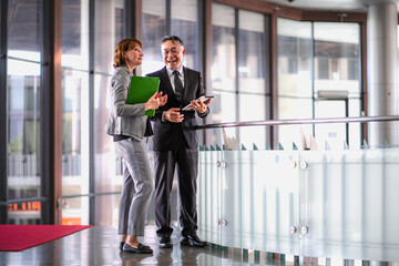 Business meeting. Mature businessman and executive woman team standing in modern office discussing...