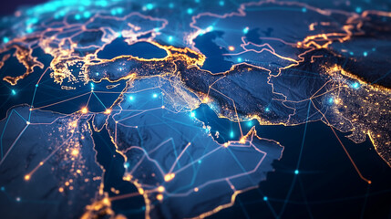 Global Network Connections Across the Middle East: A Digital Map Highlighting International Data Links in Warm Blue Tones