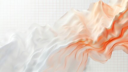 An abstract digital rendering of a flowing, translucent fabric with a gradient from white to orange, set against a grid background.