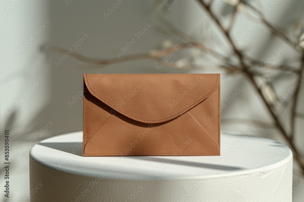 Poster minimalist brown envelope on white table with subtle shadow for elegant presentation
