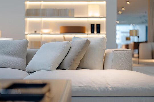 Italian minotti furniture set, Shanghai, luxury hotel showroom living room, modern minimalist style, sofa closeup, Rimadesio bookshelf, fewer accessories, detail, 8k