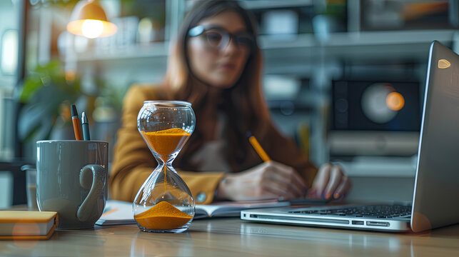The concept of deadline. Hourglass on employee background