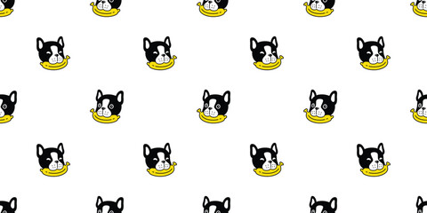 dog seamless pattern french bulldog eat banana head face vector cartoon fruit puppy pet doodle gift wrapping paper tile background repeat wallpaper illustration scarf isolated design