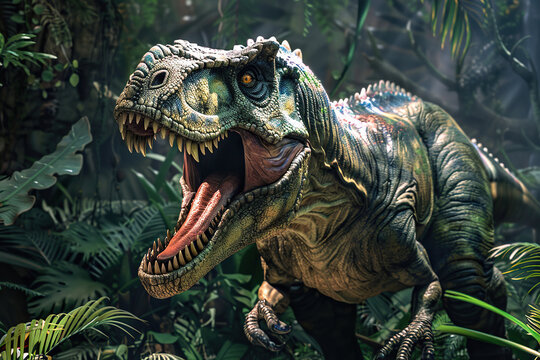 Generative ai on theme of big scary hungry dinosaur with kind eyes and sharp teeth destroying park