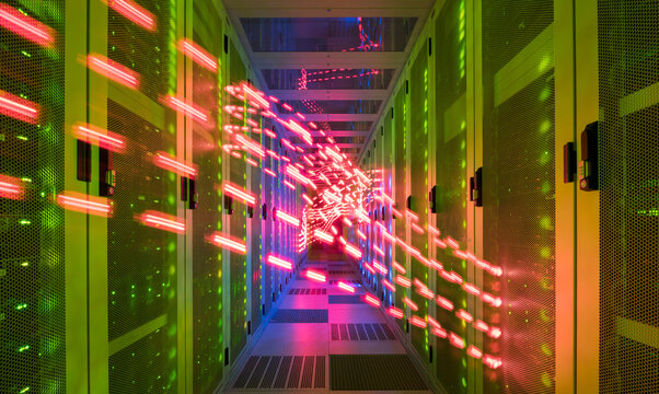 Colorful network waves traveling inside of data center