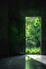 Obraz premium A simple door set in a minimalist, monochromatic wall, opening to reveal a vibrant, lush nature scene. TIdea of escaping to tranquillity 