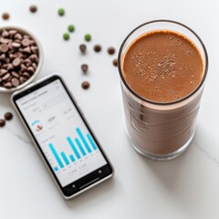 Chocolate protein shake in a glass with chocolate chips and a smartphone displaying fitness app.