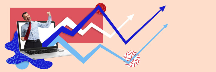 Contemporary art collage. jubilant businessman emerges from a laptop, surrounded by rising graphs. Concept of successful acquisition, business deals and partnership, customer service, collaboration.