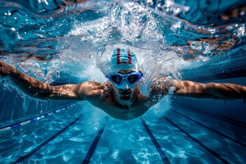 A competitive swimmer powers through the water in an indoor pool, displaying intensity and focus as he perfects his butterfly stroke.