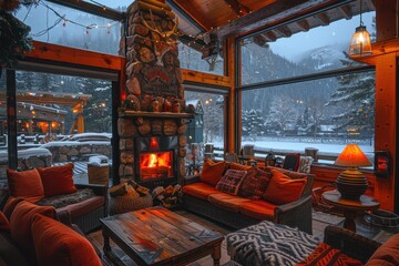 A cozy winter lodge with a roaring fireplace, comfortable seating, and large windows showing a snowy landscape outside.