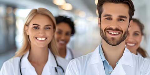 Smiling Medical Professionals in White Coats Posed Together. Concept Medical Professionals, White Coats, Smiling Faces, Group Portrait, Professional Poses