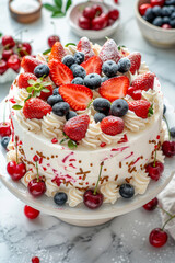A white cake sitting on a white background, topped with fresh berries and fluffy whipped cream
