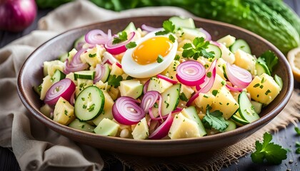 Potato salad with eggs, cucumbers, cabbage and red pickled onions. Delicious healthy summer salad
