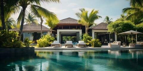 Fototapeta premium Tropical Paradise Luxurious Family Villa with Palm Trees, Ideal for Holidays. Concept Luxurious Villa, Family Getaway, Palm Trees, Tropical Paradise, Holiday Retreat