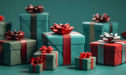  gift boxes celebrating red ribbons isolated on pastel light background. Christmas, Woman`s or valentine`s  day, birthday  greeting, card, frame, banner. close up, top view, Boxing day,  copy space