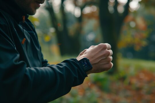 Man in a blue jacket adjusting his smartwatch in a forest, preparing for a run. - Powered by Adobe