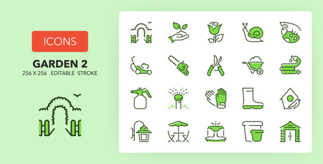 Line icons about garden. Contains such icons as gardening, irrigation, furniture and more. 256x256 Pixel Perfect editable in two colors. Set 2 of 2