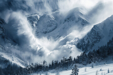 Obraz premium Generative ai on theme of descent of an huge avalanche from the mountain, winter nature landscape