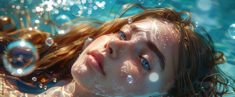 Wall mural A woman is floating in the water with her hair wet