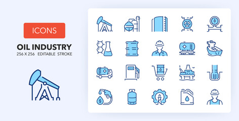 Line icons about oil industry. Contains such icons as barrel, extraction, refinery and more. 256x256 Pixel Perfect editable in two colors © Artco