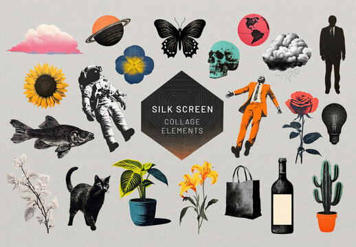 Silk Screen Collage Eelement Design Set With Generative AI
