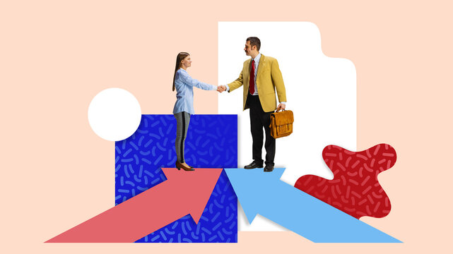 Contemporary art collage. Two professionals, one holding briefcase, stand on intersecting arrows, shaking hands. Concept of acquisition, business deals and partnership, customer service, collaboration