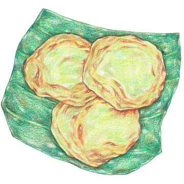 kuih akok, traditional snack from kelantan, classic street food painting with colored pencils