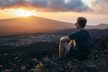 Obraz premium Man in a white jacket sitting on a rocky hill, contemplating the scenic mountain landscape at sunset.