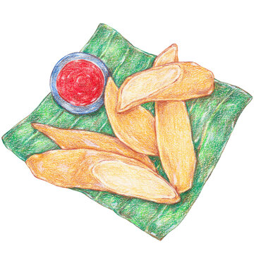 keropok lekor, chewy vegan fish crackers with a spicy chili dipping sauce, traditional snack from malaysia, classic street food painting with colored pencils