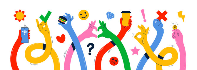 Long stretched hands. Multicolored human arms holding different items, long curved limbs, various gestures and symbols, smartphone, cup of coffee and coin, tidy vector cartoon flat isolated set