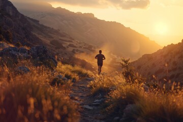 Man running along a trail in the mountains at sunset, surrounded by golden grasses and a breathtaking view.