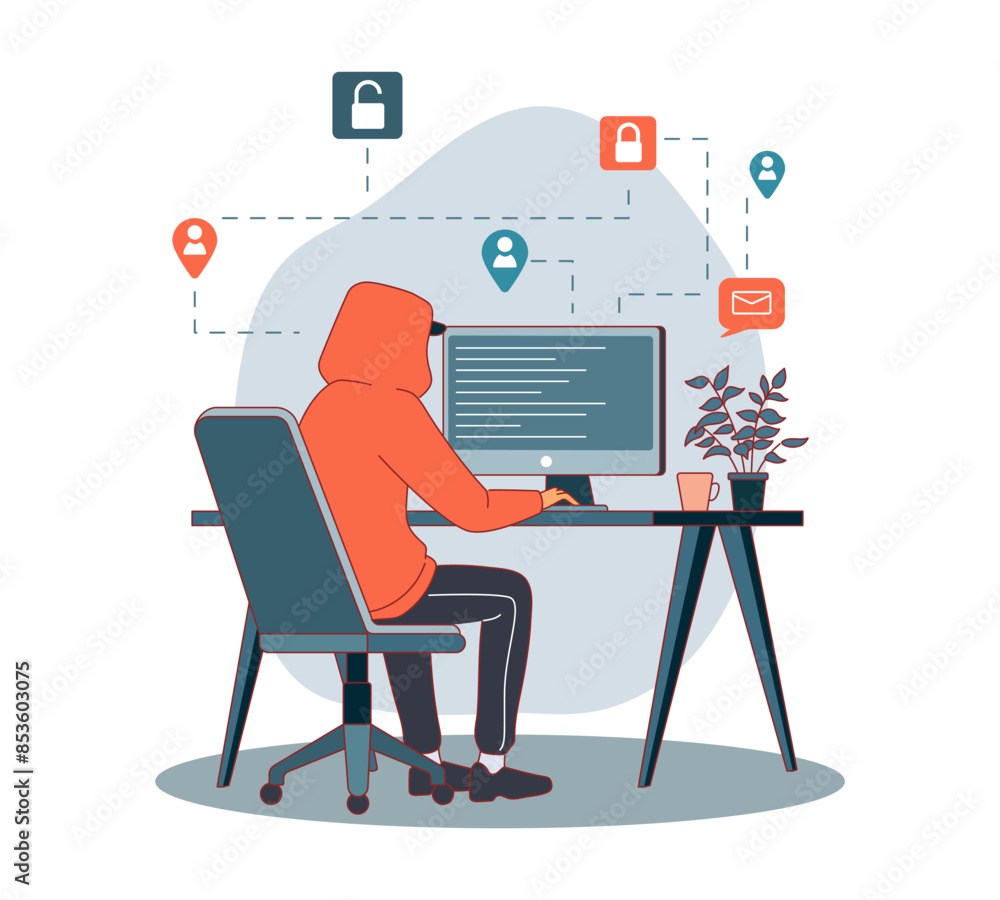 Poster hacker cracking passwords. guy in hood sitting at monitor, writing program, cyber criminal, data the