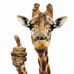 Fototapeta premium A giraffe bending down curiously and giving a thumbs up, on a white background