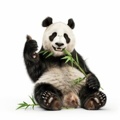 Obraz premium A giant panda sitting comfortably eating bamboo, giving a thumbs up, on a white background