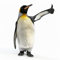 An emperor penguin waddling and giving a thumbs up, set against a white background